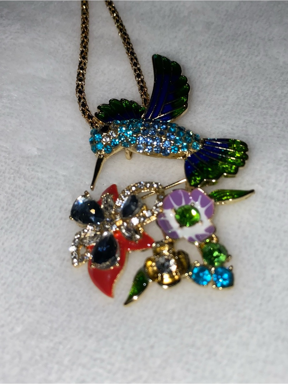 Colorful Hummingbird & Floral Pendant Necklace - Multicolor Crystals